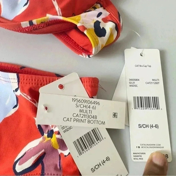 Catalina 2 Piece Bikini Set Orange Multicolor High Waisted Swimsuit Size Small - Picture 8 of 11